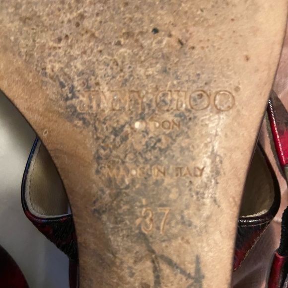 Jimmy Choo genuine leather Size 37 strap peep-town wedge sandal / black and red - Picture 5 of 5